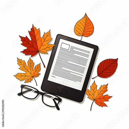 An e-reader surrounded by vibrant autumn leaves and a pair of glasses on a simple background viewed from directly above