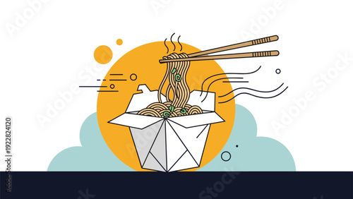 Delicious illustration of an open Chinese food takeout box overflowing with noodles being picked up by a pair of wooden chopsticks in the sun.