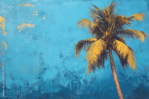 Palm tree stands tall against a vibrant blue sky on a tropical beach during midday, creating a serene and picturesque atmosphere for relaxation and escape