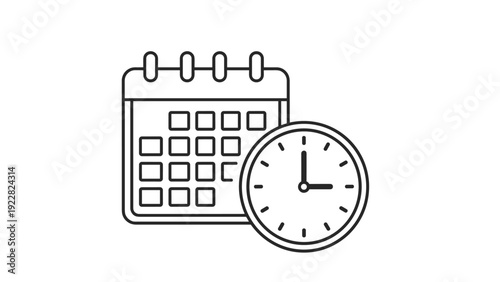 Business icons of a monthly wall calendar and a round analog clock representing scheduling, deadlines, time management, and appointments.