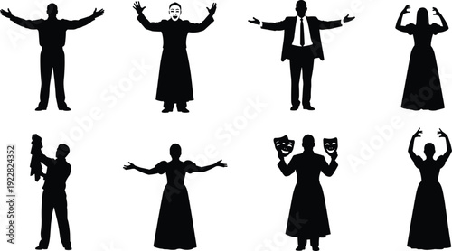 Theater performance silhouette set with actors mime and drama masks in various poses isolated on white background for entertainment and arts