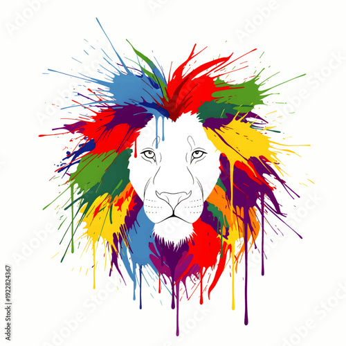 Vibrant lion's face illustration with colorful paint splatters, a symbol of creativity and artistry