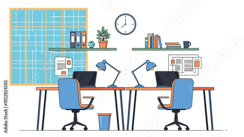 Flat illustration of a modern workspace featuring two identical office desks with laptops, lamps, chairs, and shelves decorated with books.