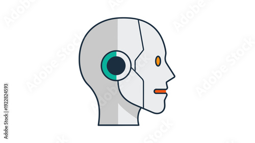 Cyborg head with futuristic circuit board design and glowing blue eye