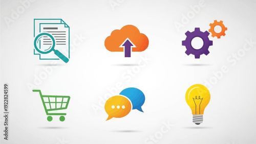 Set of modern business icons including shopping cart and lightbulb