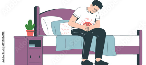 man with stomach pain, abdominal ache, digestive problem illustration, medical symptom concept, health care awareness, flat vector design, isolated
