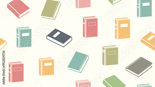 Seamless background pattern featuring a variety of colorful books in different orientations and colors like blue, red, yellow, and green tones.