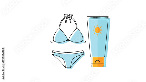 Summer holiday essentials including a light blue two-piece bikini set and a tube of sunscreen lotion with a sun icon for skin protection.
