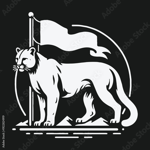 Majestic Mountain Lion Guarding Flag on Peak Minimalist Vector Art.