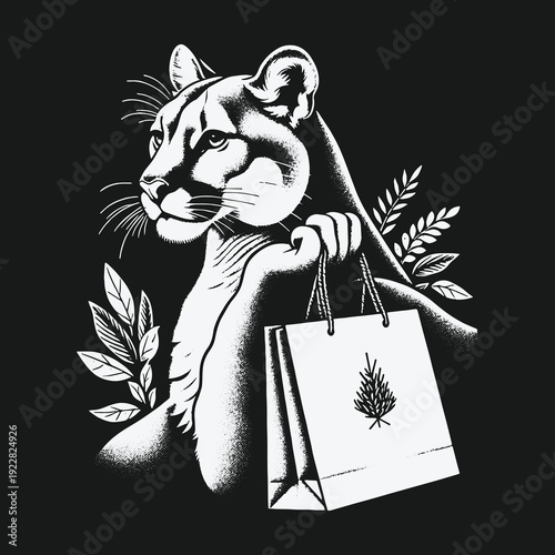 Cougar with Shopping Bag: A Stylish Feline Shopper Illustration.