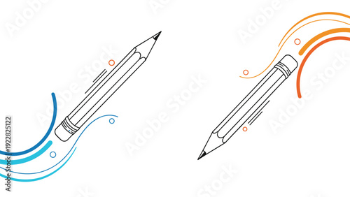 Artistic illustration of two pencils moving in opposite directions with colorful blue and orange curved lines and dots.