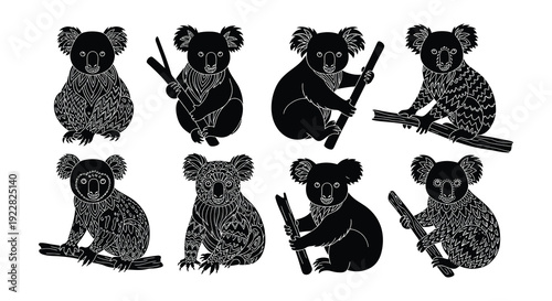 Intricate koala patterns a collection of monochrome animal illustrations