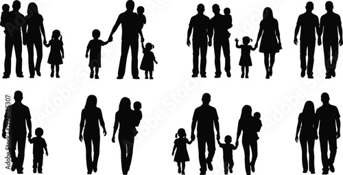 Diverse family silhouette set featuring parents children couples and toddlers walking together isolated on white background for community and lifestyle design