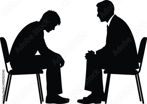 Silhouette of two men sitting in chairs facing each other, one appearing dejected and looking down while the other offers attentive listening and support.