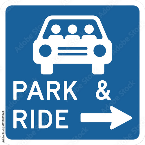Blue and white park and ride traffic sign with car and arrow