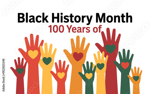 Black History Month celebration with colorful hands and hearts raised up in unity and support