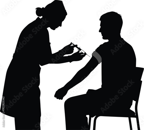 Silhouette of a medical professional carefully administering an injection into the arm of a seated male patient during a vaccination procedure