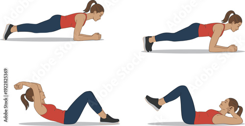 Woman performing plank and crunch workout sequence, home fitness training routine, core strengthening exercises, healthy active lifestyle vector illustration