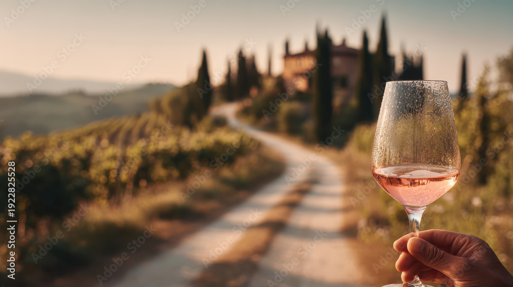 Naklejka premium Hand holding a glass of chilled rose wine against a scenic Italian Tuscany vineyard background