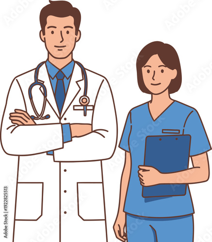 A confident male doctor with a stethoscope stands beside a friendly female nurse holding a clipboard ready for work.
