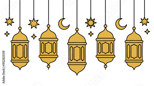 Golden lanterns and celestial symbols hanging on strings isolated on transparent background