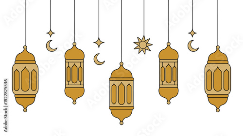 Islamic lanterns and celestial symbols hanging on strings  Ramadan decorations