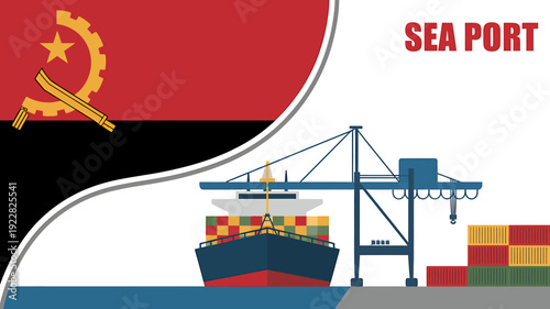 Angola sea port with cargo ship and containers illustration