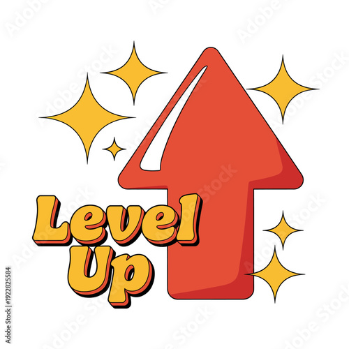 Level up concept with red arrow and golden stars on white background