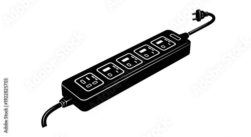 Black electrical power strip with six outlets and cord isolated on white background for electronics and technology use