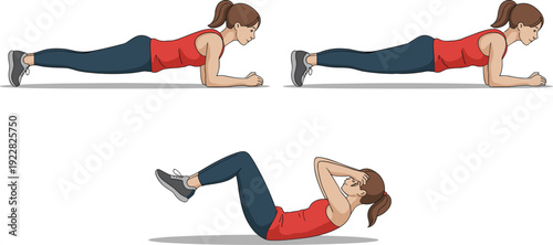 Woman doing plank and crunch exercises, home workout routine, core strength training, healthy lifestyle, flat vector fitness illustration