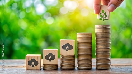 Hand adds wooden block with CO2 symbol on stack of coins. Concept about rising costs carbon emissions and climate change impact on economy and global business. Generative AI