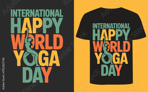 International happy world yoga day graphic on a black t shirt mockup