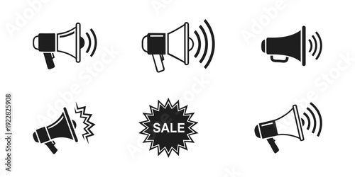 Megaphone silhouette icons for announcements and sales on a white background
