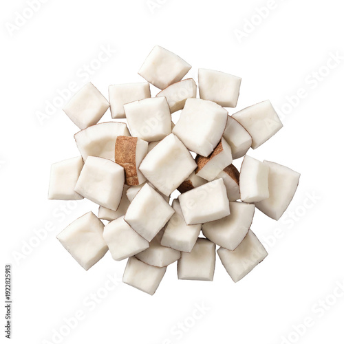 Fresh coconut cubes isolated on transparent background.