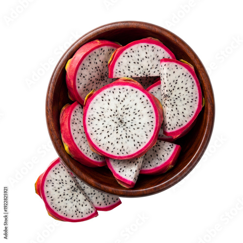 Fresh dragon fruit slices in wooden bowl isolated on transparent background.