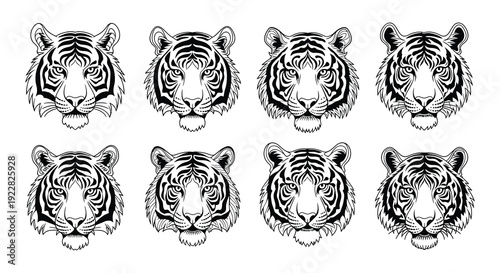 Eight tiger head illustrations in a black and white grid pattern