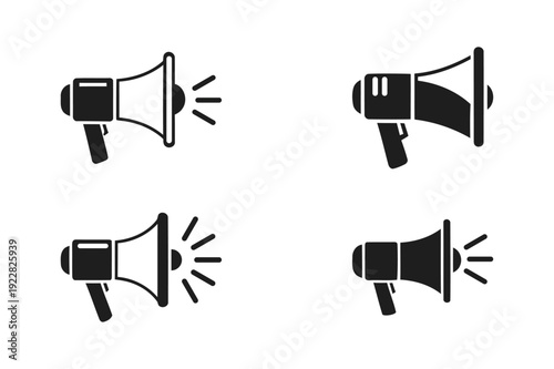 Four black silhouette megaphones on a white background