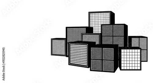 Black and white illustration of stacked wireframe cubes in various sizes and orientations on a plain background
