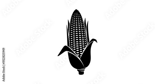 Black silhouette of an ear of corn with husk and leaves on a white background