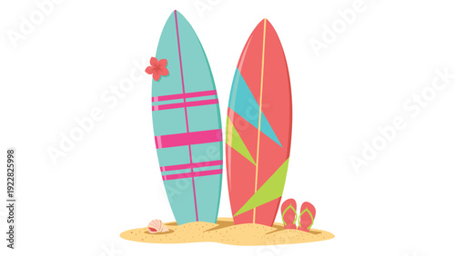 Bright illustration of two colorful surfboards stuck in sand with a red flower a seashell and pink flip flops on white.