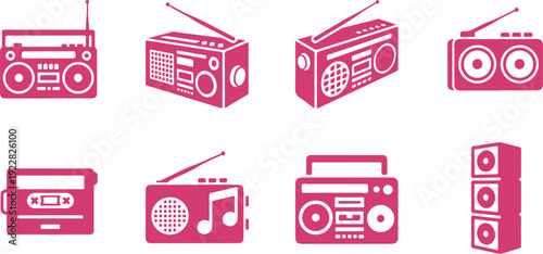 Collection of vintage and modern boombox radio cassette player icons in flat pink silhouette style isolated on transparent background