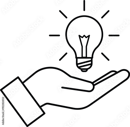Hand Holding Light Bulb Idea Icon – Innovation, Creativity and Business Solution Concept Line Art
