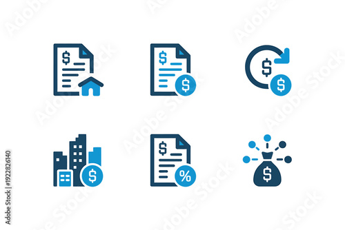 Business finance icons with money and documents and buildings