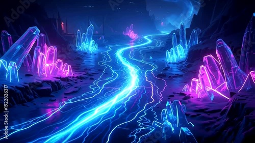 Glowing Neon Lights in Dark Landscape.