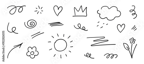 Hand drawn doodle elements. Handwritten line sketch of flower, crown, cloud, sun, underlines, heart in pen brush style. Crayon icon set.  Isolated vector illustration for journal, poster, collage.