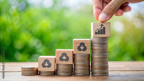 Hand adds wooden block with CO2 symbol on stack of coins. Concept about rising costs carbon emissions and climate change impact on economy and global business. Generative AI