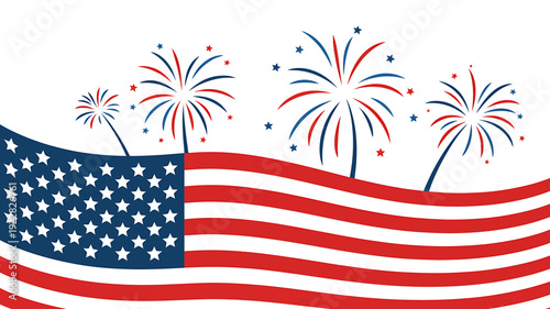 American flag waving with colorful fireworks exploding in the sky on white background
