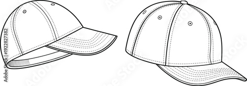 Baseball cap outline illustration, blank adjustable hat template, fashion accessory sketch, front and side views, vector line art