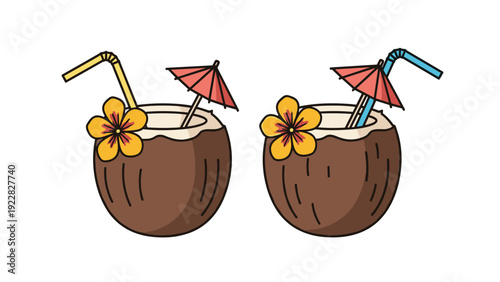 Tropical coconut cocktails served in shells with straws colorful flowers and paper umbrellas for summer beach vacation theme.