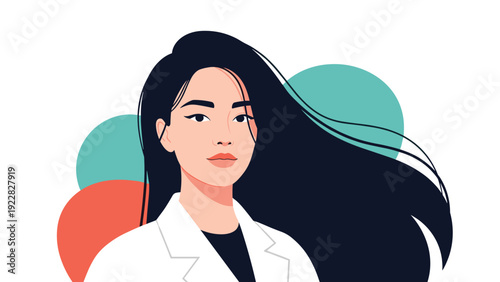 Portrait of a young professional woman with long dark hair wearing a white coat against abstract colorful circular background.